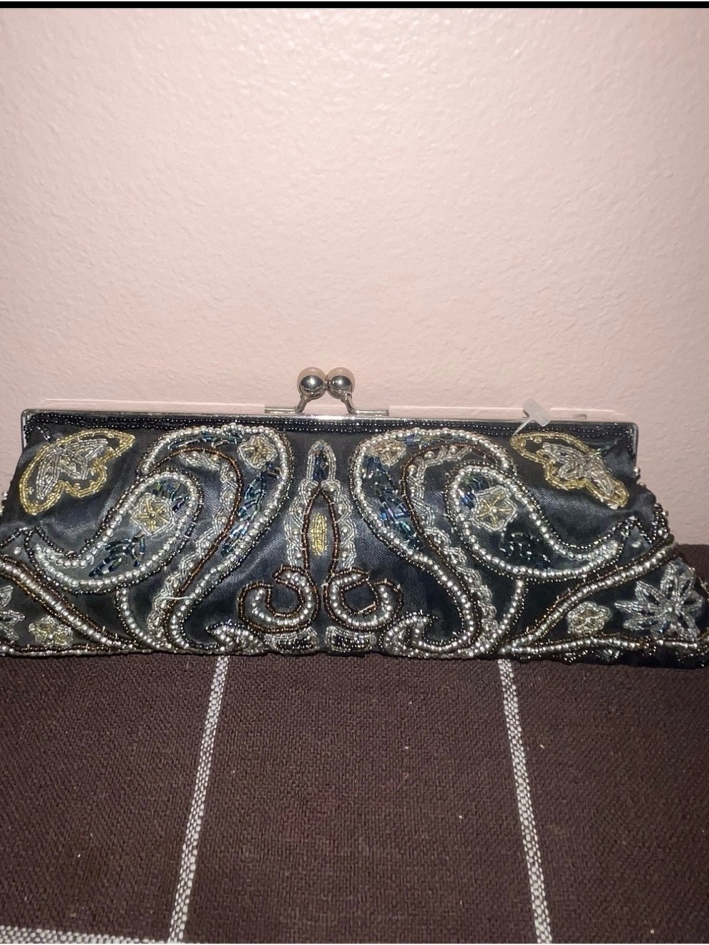 Apt9 Beaded Black Evening Clutch with Silver and Gold Embroidery